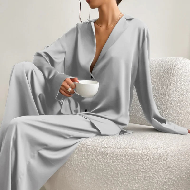 Women's Satin Pajama Set – Long Sleeve & Trouser 2-Piece Pajama Set Axl