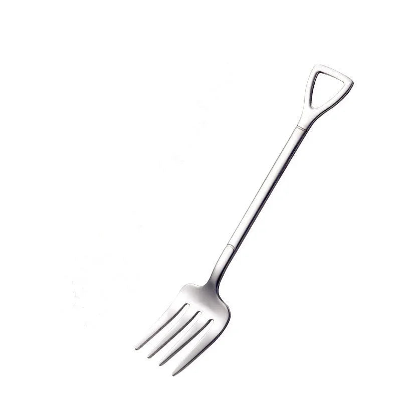 Shovel Shape Stainless Steel Dessert Spoon & Fruit Fork Novelty Flatware Axl fork-Silver