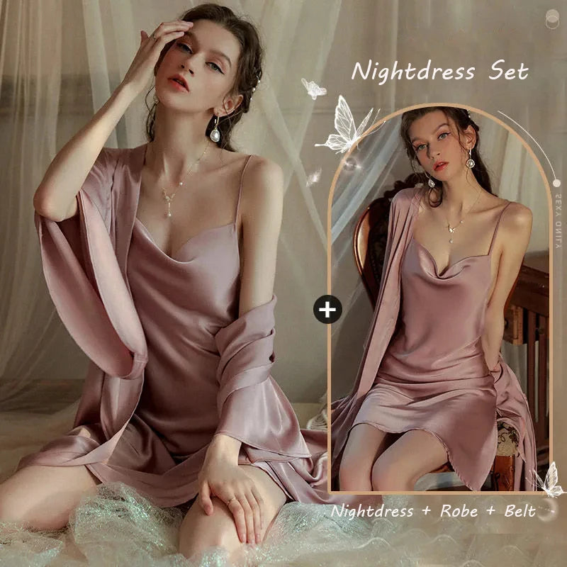 Satin Robe & Nightdress Set – 2-Piece Faux Silk Kimono Sleepwear Satin Robe Set Axl Pink Suit L