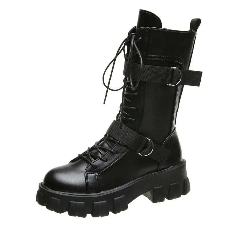 Women's Punk Gothic Mid-Calf Motorcycle Boots – Lace-Up Motorcycle Boots Axl black 35