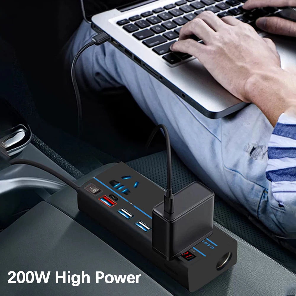 200W Car Power Inverter DC 12V/24V to AC 110V/220V 8-Port Car Power Inverter Axl