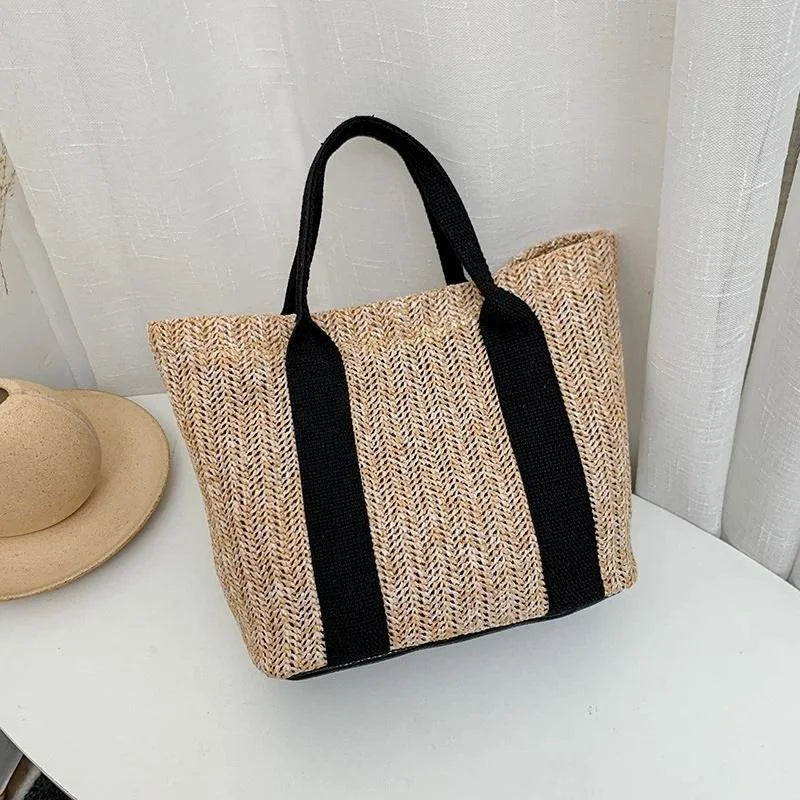 Women's Bamboo Straw Tote Bag – Color Block Zipper Handbag Straw Tote Bag Axl