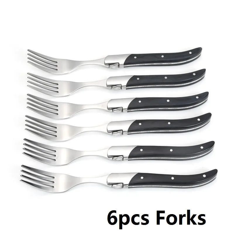 Laguiole-Style Steak Fork Set | Black Wood Handle Stainless Steel Steak Fork Set Axl 6pcs forks