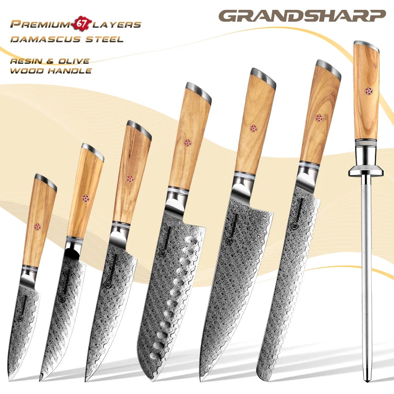 7-Piece Damascus Chef Knife Set – Japanese AUS-10 Olive Wood Kitchen Knife Set Axl