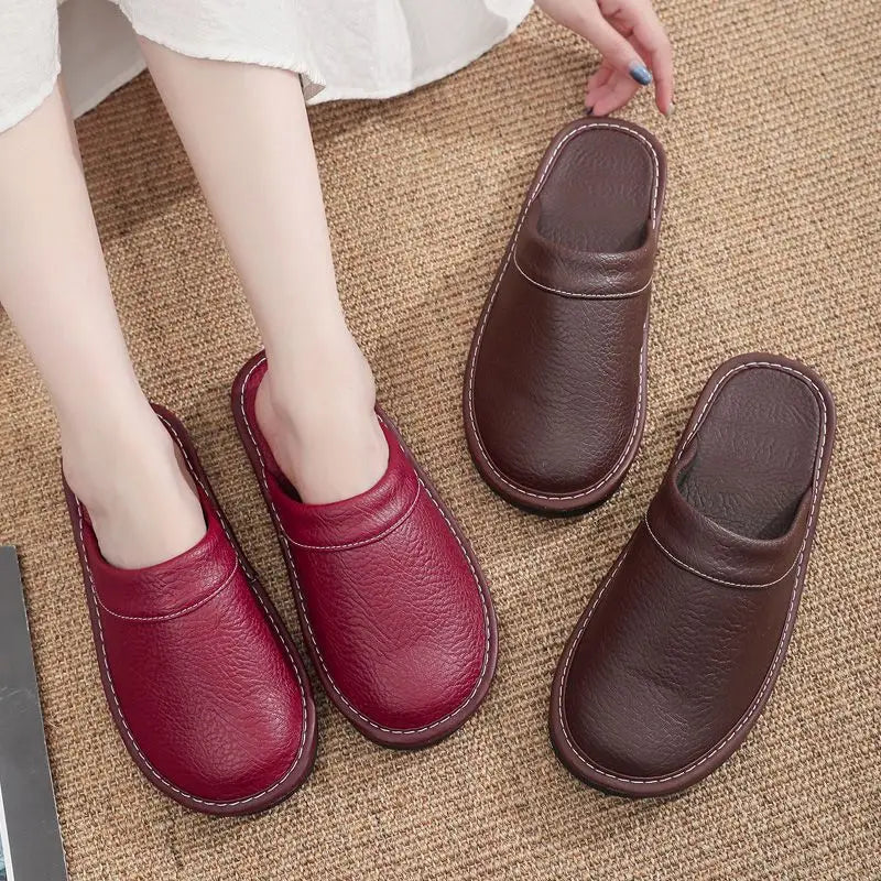 Lorilury Non-Slip Waterproof Indoor Leather Slippers Men Women Indoor Slippers Axl
