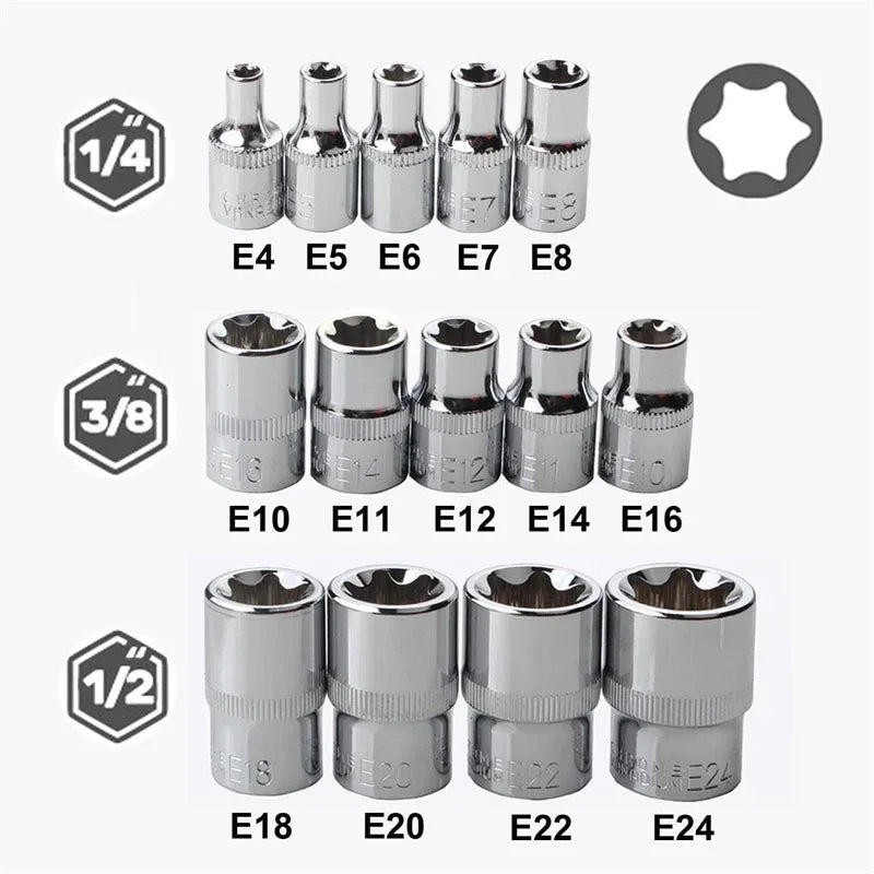 14-Pc Female E-Torx Socket Set E4–E24 | 1/4, 3/8 & 1/2 Drive Socket Set Axl