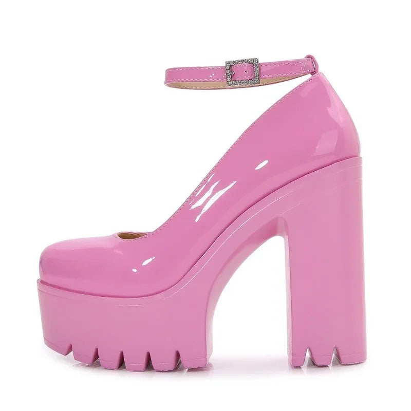 Pink Chunky Platform Pumps – Ankle Strap Square Heel Women Platform Pumps Axl