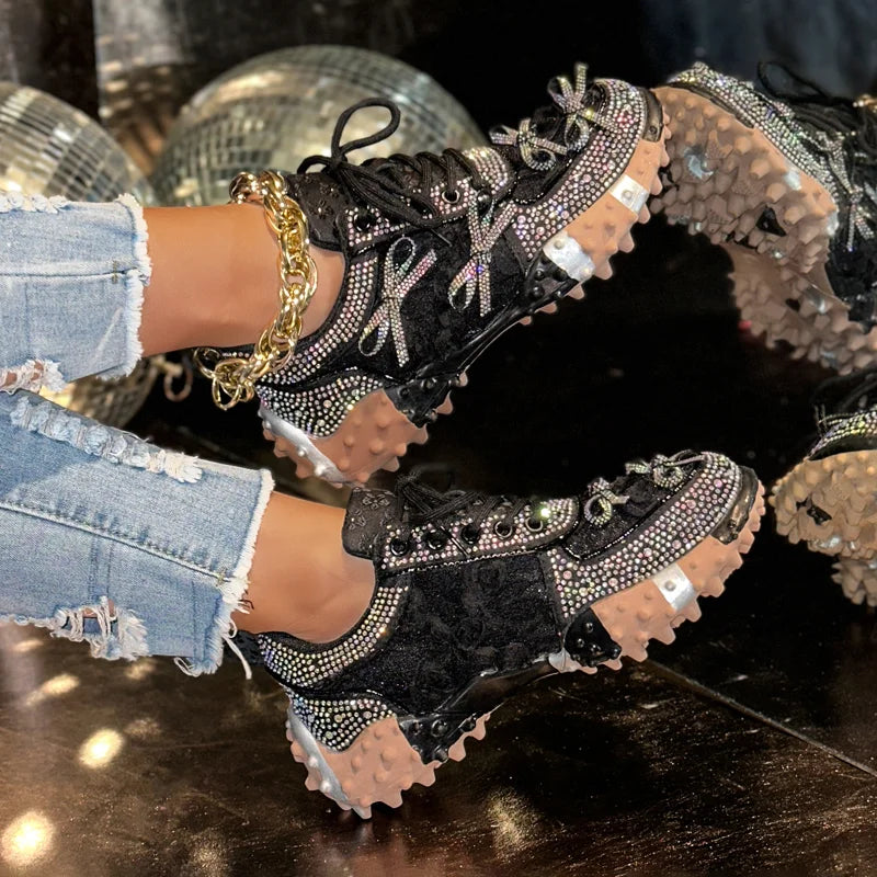 Women's Rhinestone Platform Sneakers – Mesh Bling Casual Shoes Platform Sneakers Axl