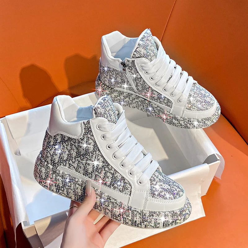 Women's Rhinestone High-Top Sneakers – Thick Sole Lace-Up High-Top Sneakers Axl WHITE 39