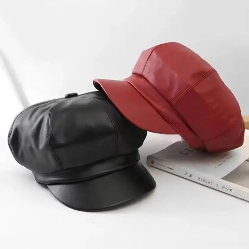 PU Leather Retro Beret – Octagonal Flat Cap for Women Women's Beret Hat Axl