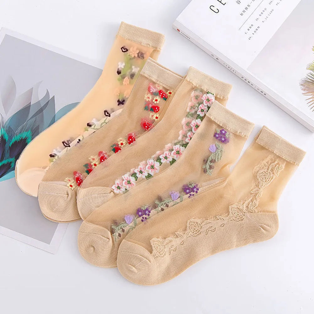 Women's Floral Mid-Tube Socks – 5 Pairs Breathable Casual Women's Casual Socks Axl