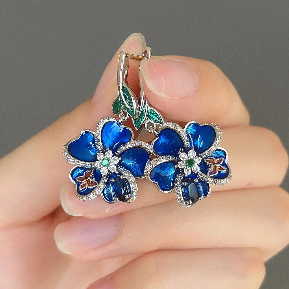 Huitan Blue Flower CZ Drop Earrings – Bridal Wedding Jewelry Drop Earrings Axl
