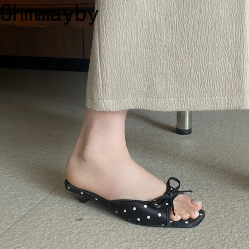 Women's Satin Polka Dot Slide Slippers with Bow & Low Heel Slide Slippers Axl