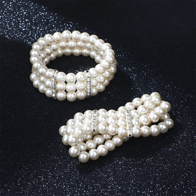3-Row Pearl Rhinestone Stretch Bracelet | Multilayer Bangle Pearl Beaded Bracelet Axl