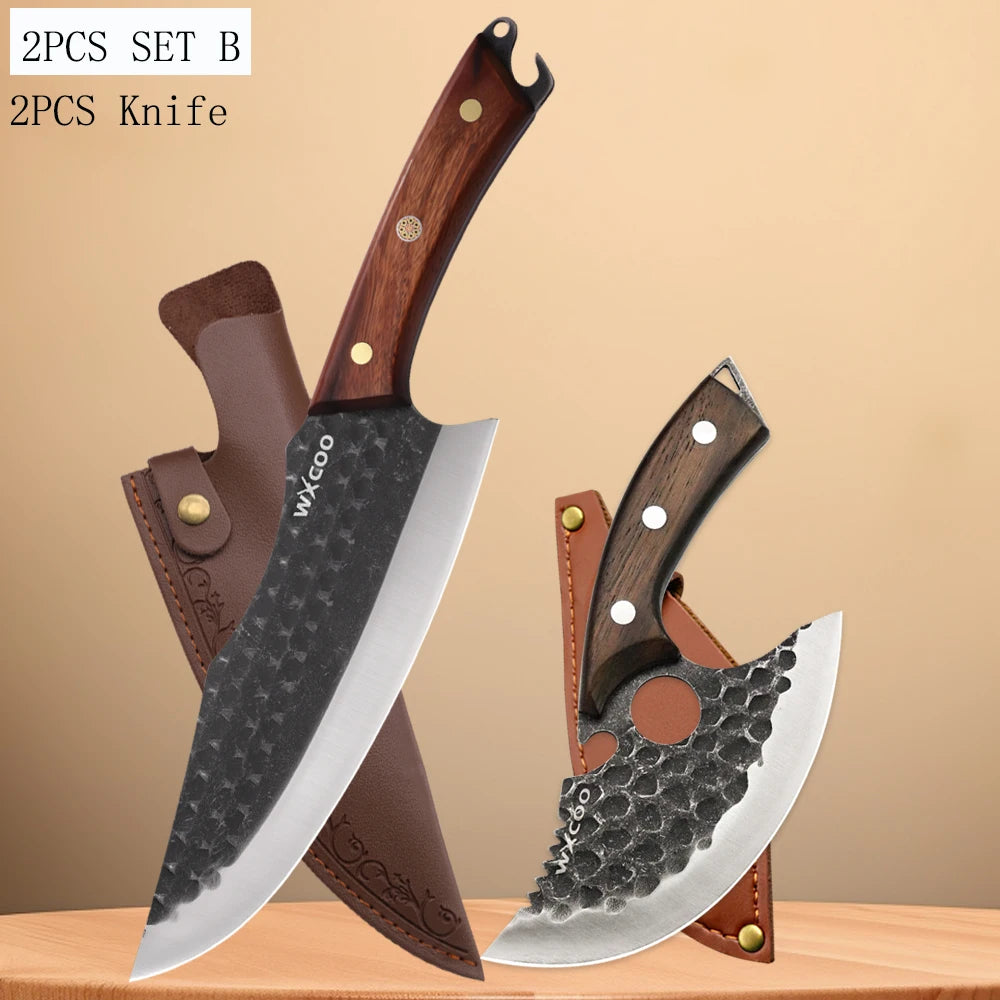 WXCOO High Carbon Forged Meat Cleaver & Chef Knife Set Kitchen Knife Set Axl 2PCS B
