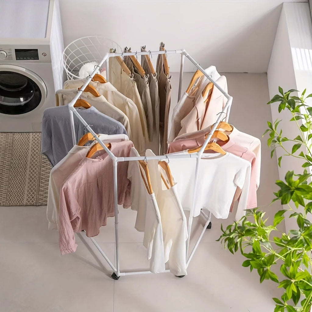 Freestanding 6-Bar Clothes Rack with Wheels & Shelves | Steel Freestanding Clothes Rack Axl