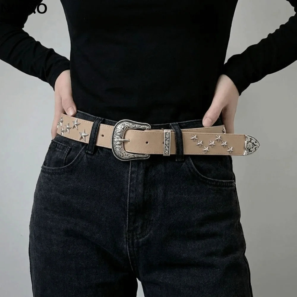 Y2K Punk Studded Belt – Gothic PU Leather Star Waistband Fashion Belt Axl