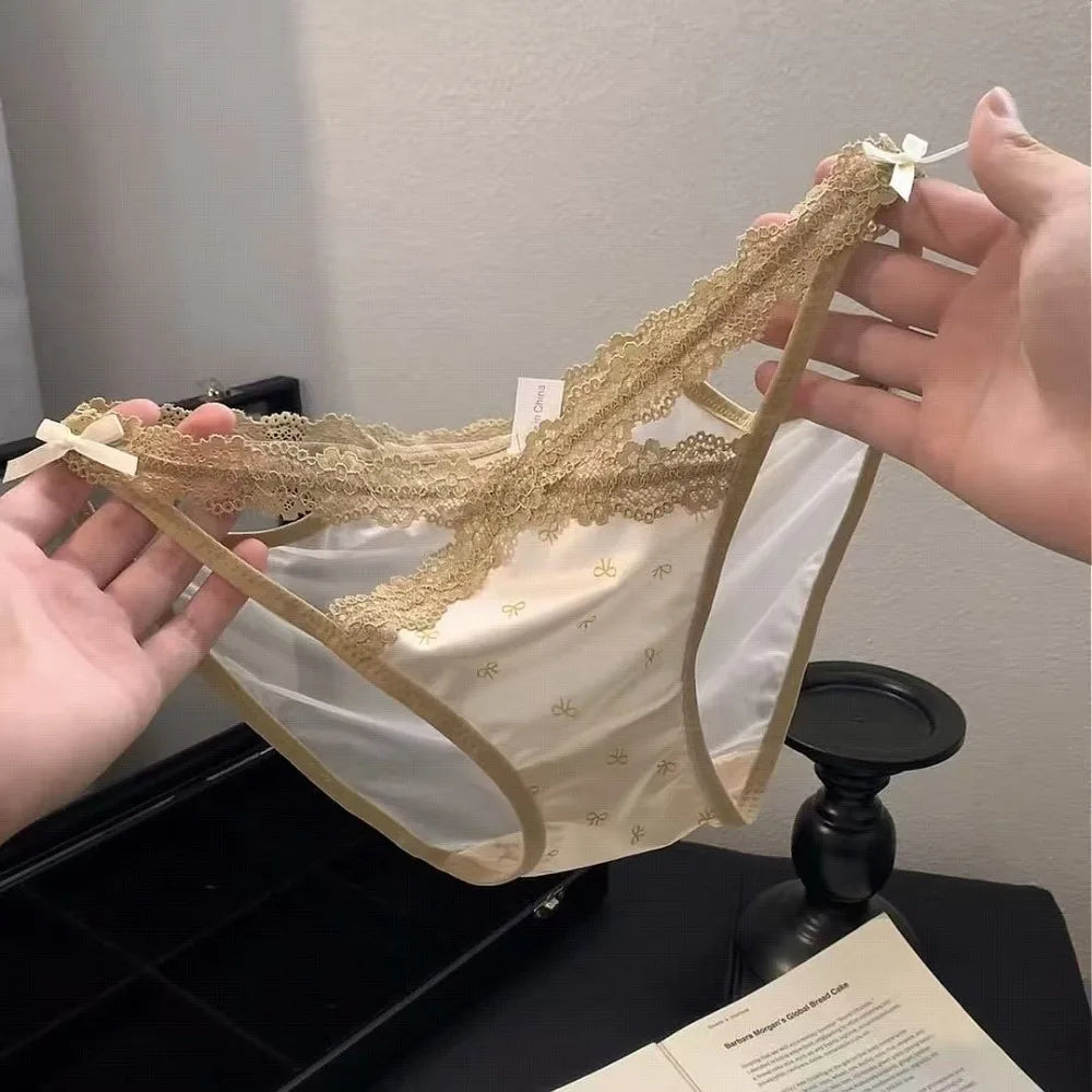 Women's Low Waist Lace Mesh Briefs – Cotton Crotch Underwear Women's Briefs Axl Yellow Bow L 1pc