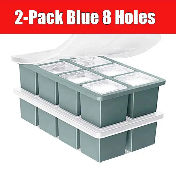 2-Pack Large Silicone Ice Cube Tray with Lid | Whiskey & Cocktails Silicone Ice Cube Tray Axl 2-Pack Blue 8 Holes