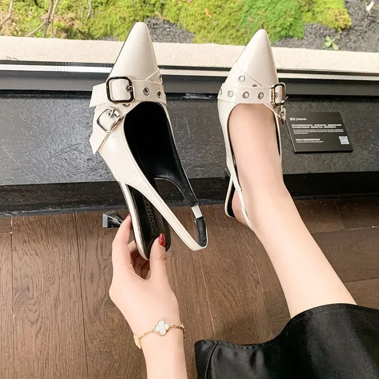 YBQJOO Women's Kitten Heel Sandals | Pointed Toe Buckle Strap Kitten Heel Sandals Axl