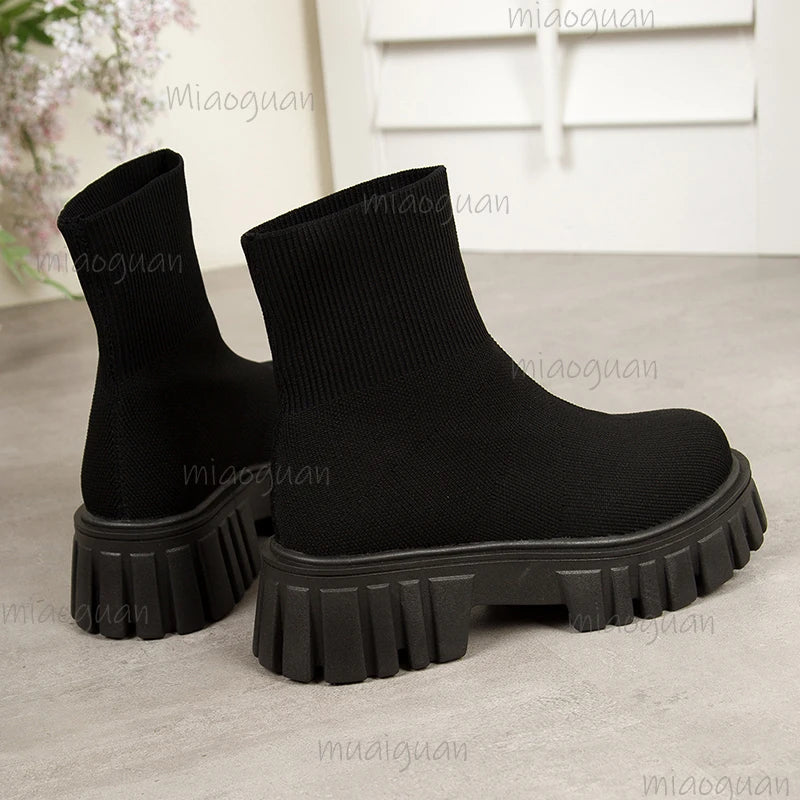 Women's Platform Slip-On Knit Ankle Boots – Thick Sole Platform Ankle Boots Axl