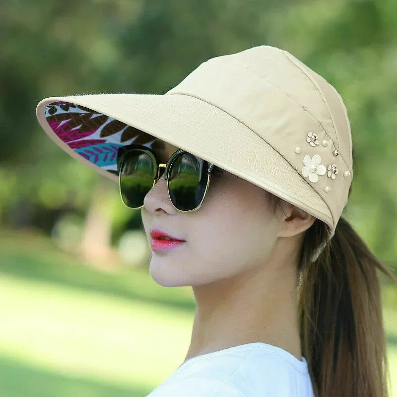 Women's Wide Brim Foldable Sun Hat – UV Beach Visor Cap Wide Brim Sun Hat Axl Beige