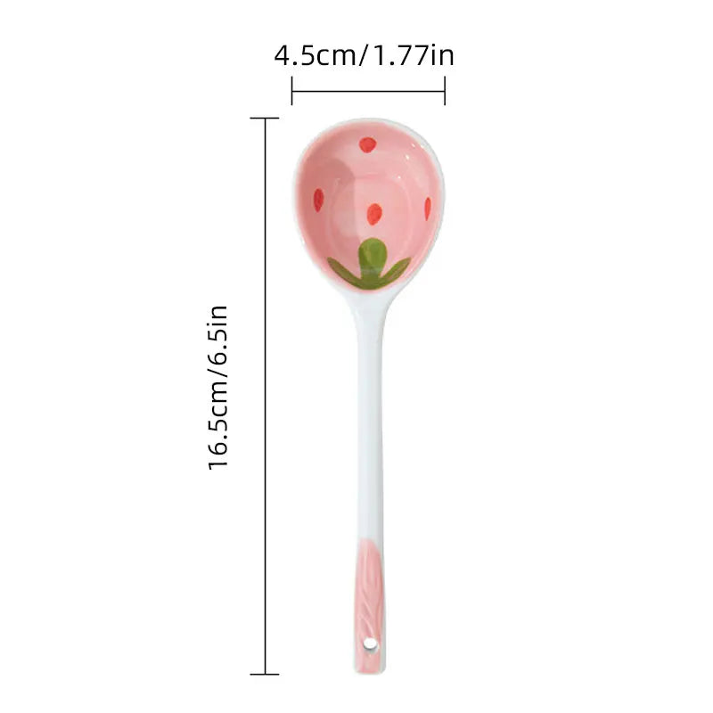 KEMORELA Strawberry Ceramic Long Handle Spoon – Korean Design Ceramic Spoon Axl 1PCS