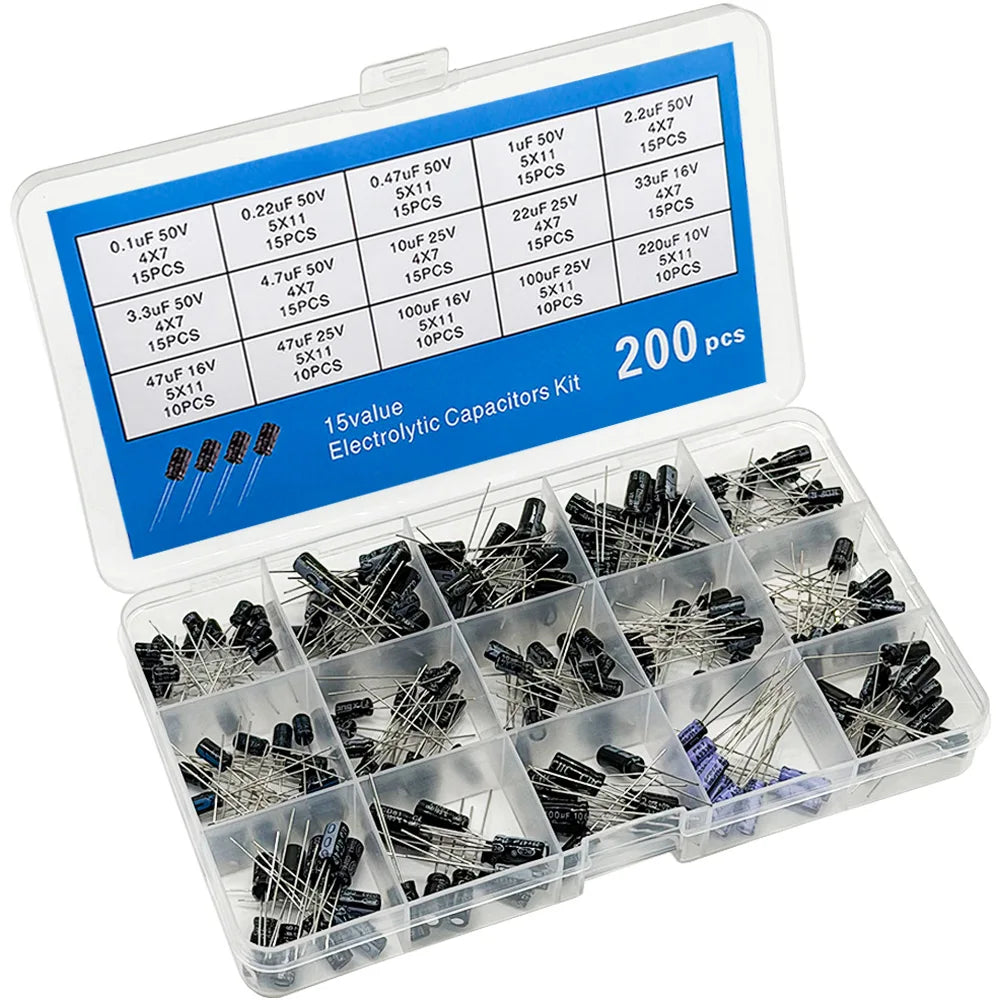 200 PCS Electrolytic Capacitor Kit – 15 Values 10V–50V Capacitor Assortment Kit Axl