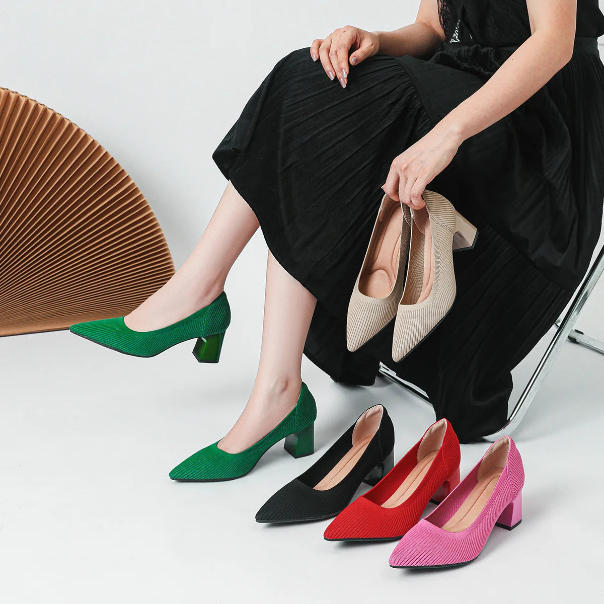 YBQJOO Women's Pointed Toe Block Heel Pumps – Knit Work Shoes High Heel Pumps Axl