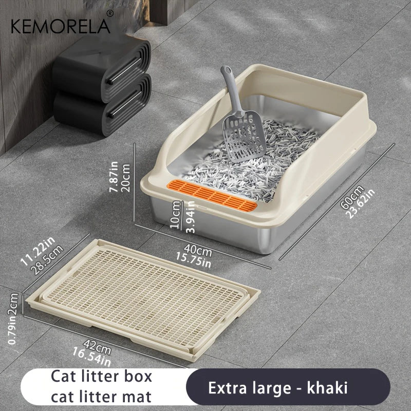 KEMORELA XL Stainless Steel Cat Litter Box with Anti-Splash Mat Cat Litter Box Axl Khaki 60cm