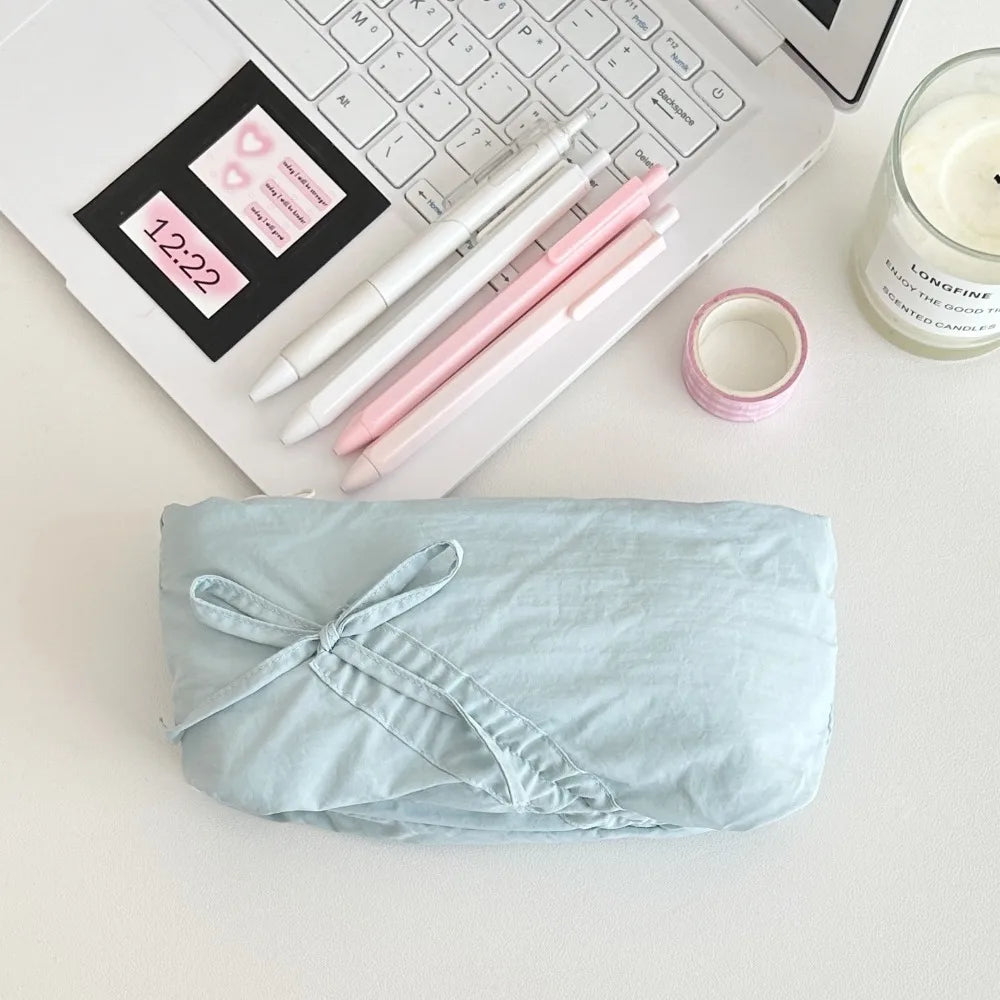 Large Capacity Bowknot Pencil Case – Cute Bow Zipper Pouch Pencil Case Axl Blue