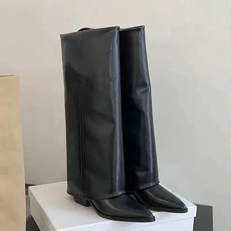 Women's Knee-High Chunky Heel Boots – Pointed Toe Platform Knee-High Boots Axl