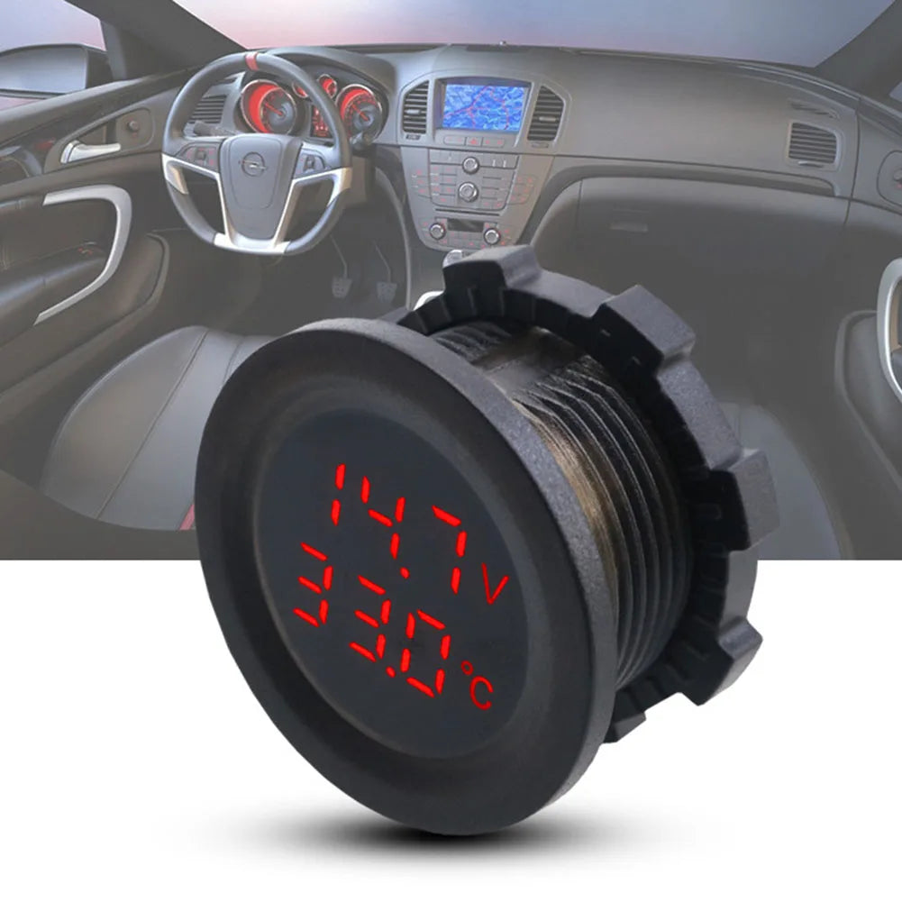 Round LED Voltmeter & Thermometer – DC 12V-24V Car Motorcycle Digital Panel Voltmeter Axl