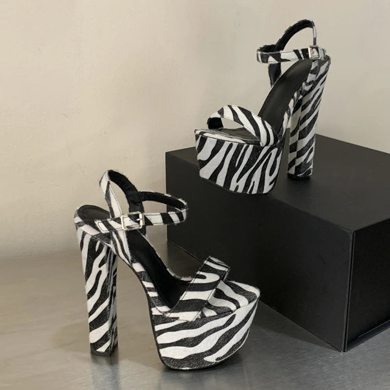 Women's Zebra Stripe Furry Platform High Heel Sandals Platform Heeled Sandals Axl