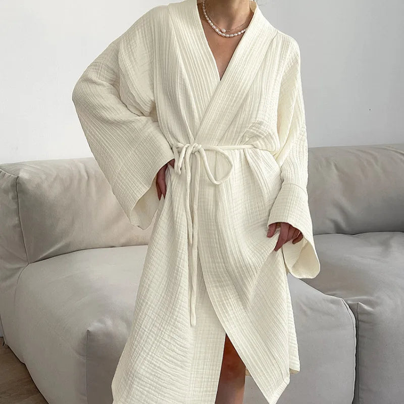 Women's Beige Long-Sleeve V-Neck Lace-Up Robe | Soft Loungewear Women's Loungewear Robe Axl Beige M