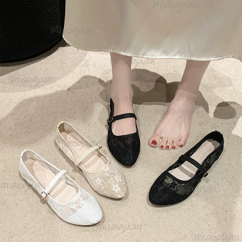 Women's Floral Mesh Ballet Flats – Slip-On Pointed Toe Shoes Ballet Flat Shoes Axl