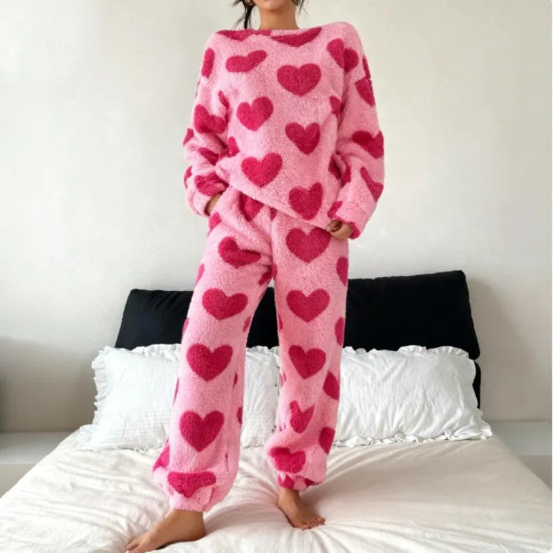 Women's Pink Heart Coral Fleece Pajama Set – Warm 2Pc Loungewear Pajama Set Axl