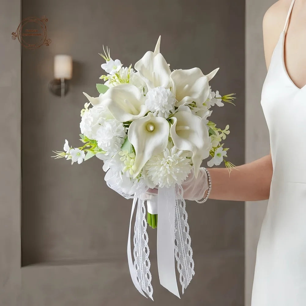 White Calla Lily Hydrangea Bridal Bouquet | Lace Ribbon Artificial Bridal Bouquet Axl