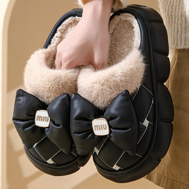 Women's Plush Faux Fur Bow Slippers – Warm Indoor Slides Women's Indoor Slippers Axl Black 36-37