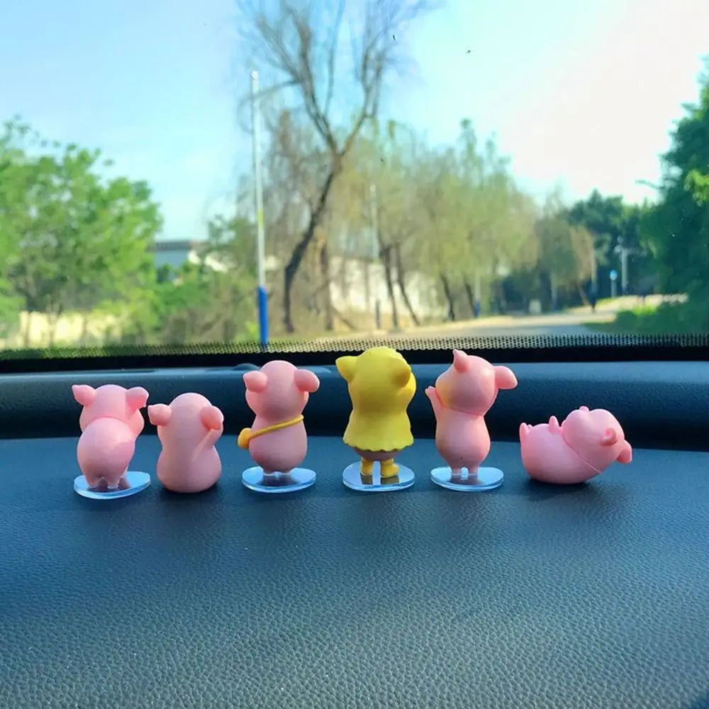 6-Piece Mini Flocked Piggy Car Dashboard Ornament Figures Decorative Figurines Axl