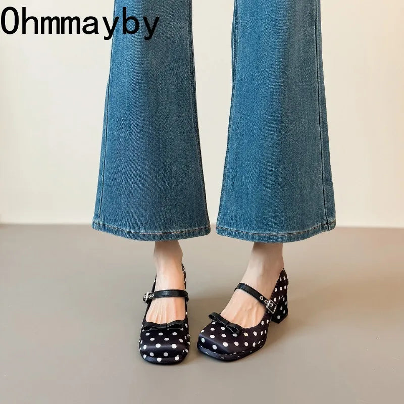 Vintage Polka Dot Mary Jane Pumps | Women's Square Heel Shoes Mary Jane Pumps Axl