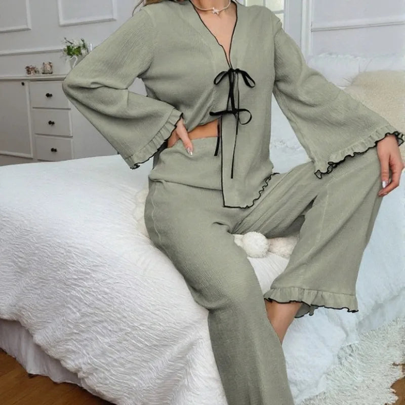 Women's V-Neck Pajama Set – Long Sleeve & Pants Loungewear Women's Pajama Set Axl