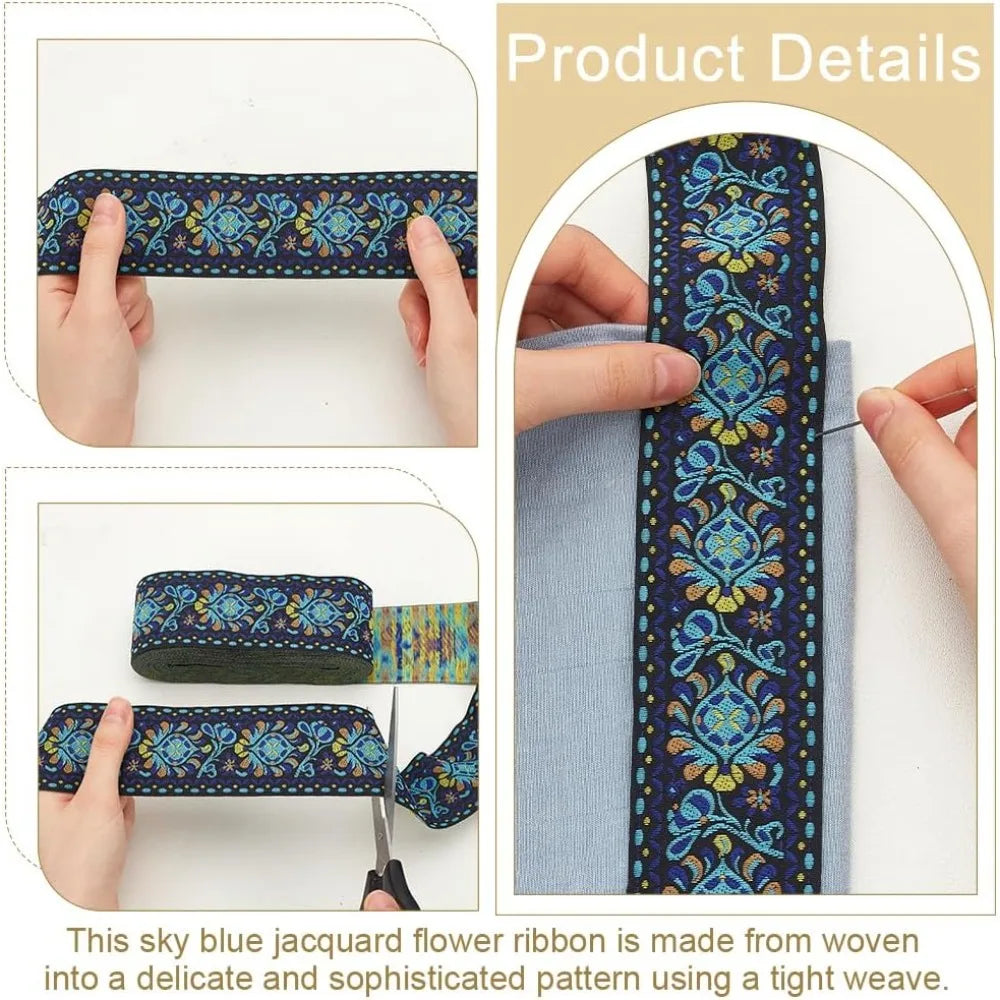 Ethnic Jacquard Flower Ribbon Sky Blue 2 inch – 10 Yards Sewing Sewing Ribbon Trim Axl