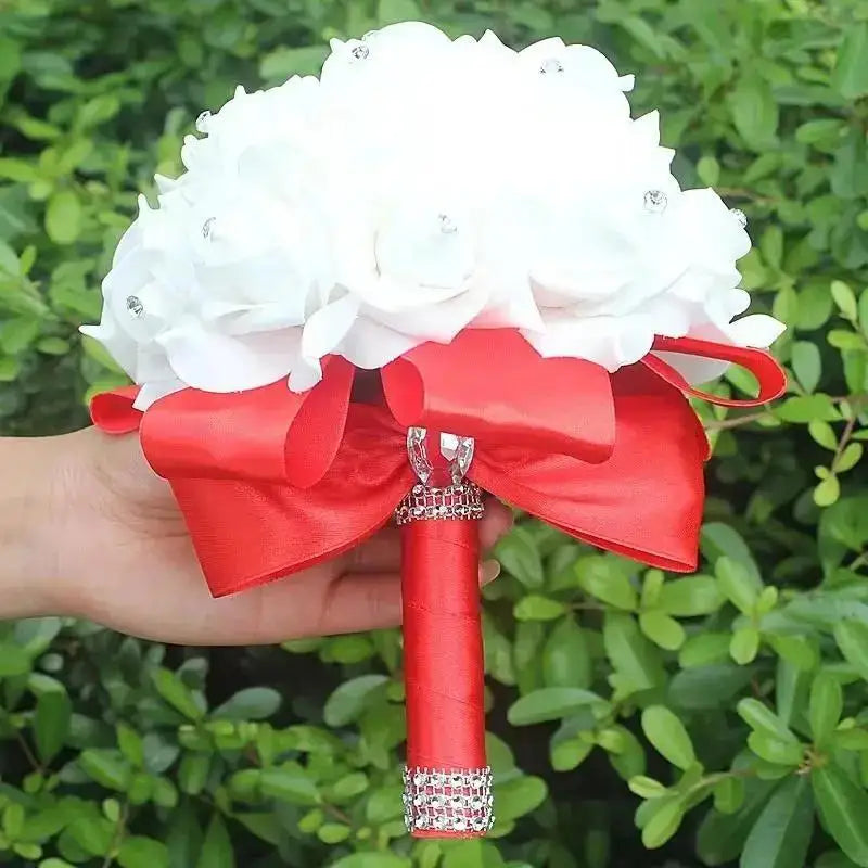 Crystal Rose Pearl Bridal Bouquet – Silk Artificial Wedding Flowers Artificial Bridal Bouquet Axl red