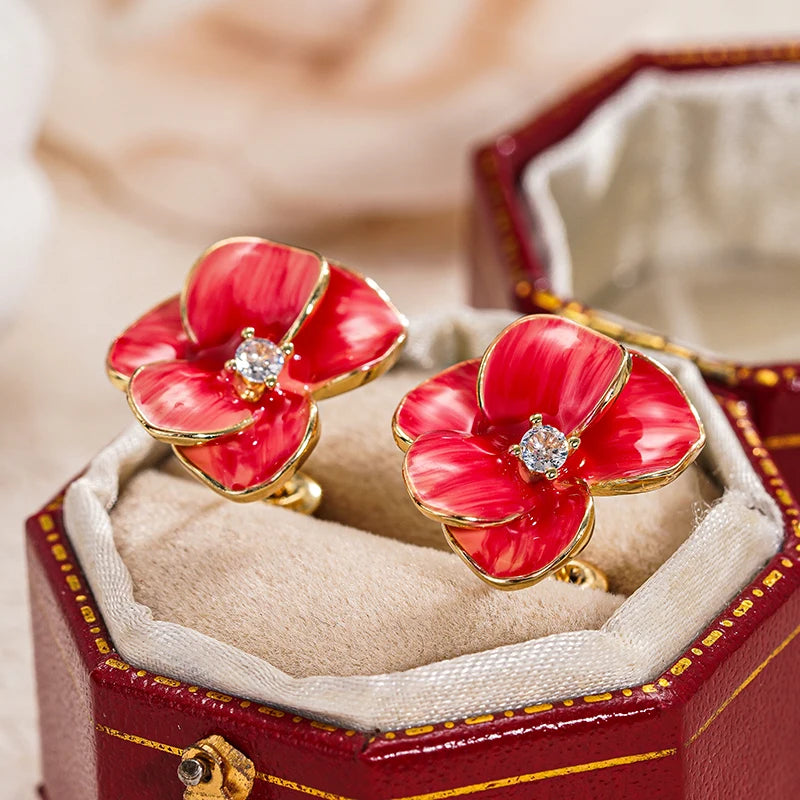 Huitan Red Enamel Flower Stud Earrings – Floral Women's Jewelry Floral Stud Earrings Axl