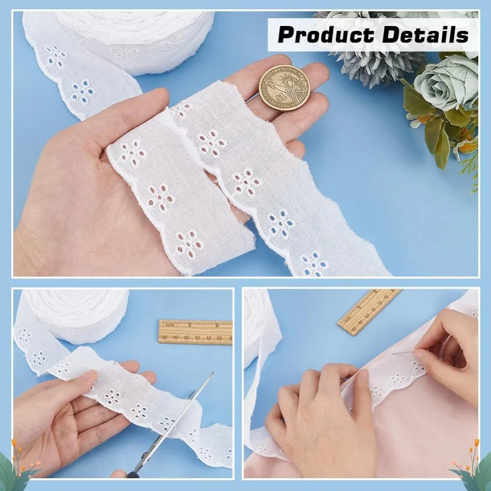 White Hollow Flower Lace Trim Ribbon 42mm Wavy Edge – 15 Yards Lace Trim Ribbon Axl