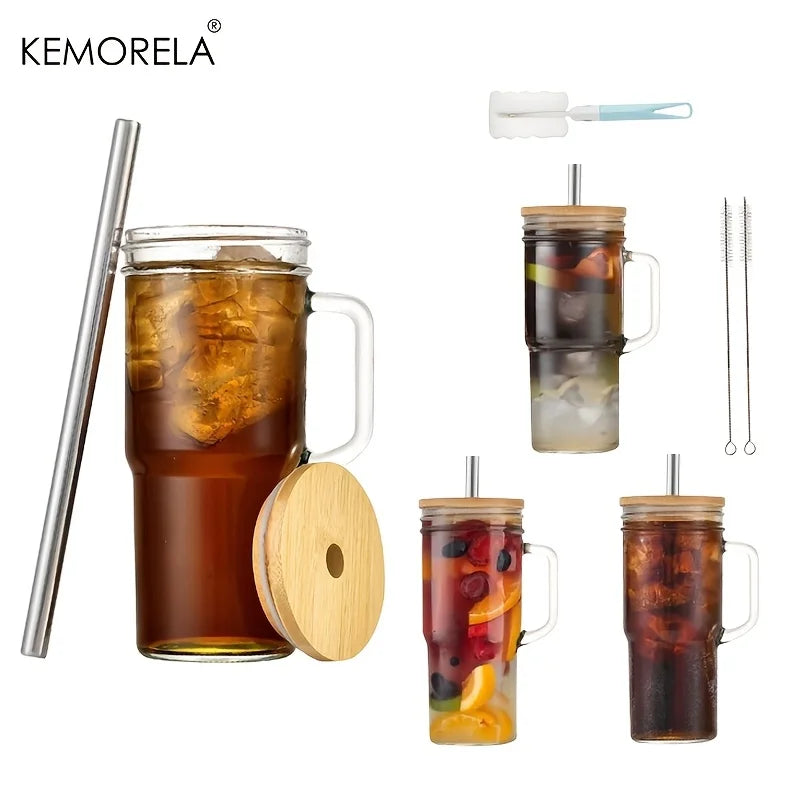 KEMORELA 700ml Glass Cup with Wooden Lid & Straw | Set of 1/2/4 Glass Cup Set Axl 4pcs 301-400ml