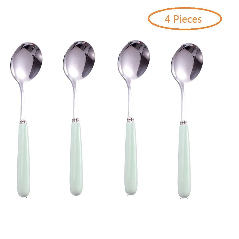 4-Piece Ceramic Handle Dessert Spoons – Stainless Steel Set Dessert Spoon Set Axl GREEN 4PCS