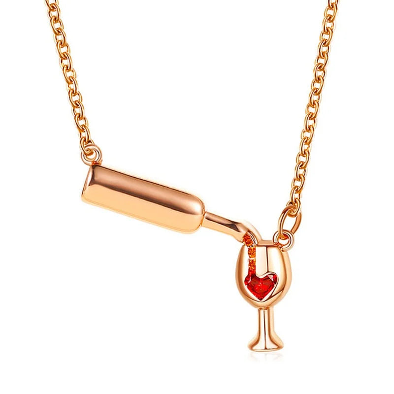 Crystal Red Heart Wine Bottle Pendant Necklace | Rhinestone Charm Pendant Necklace Axl C
