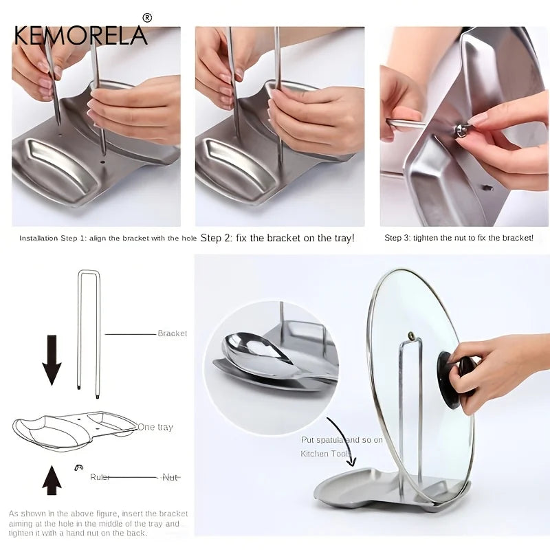 Stainless Steel Pot Lid Holder & Spoon Rest with Draining Tray Pot Lid Holder Axl
